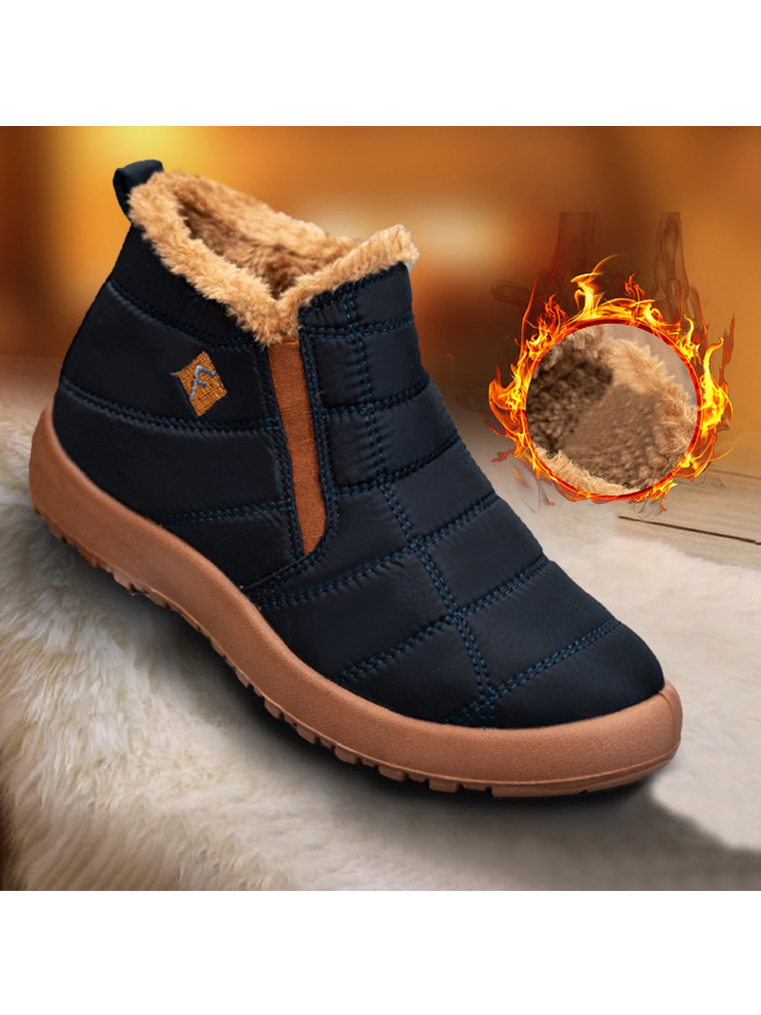 Mens Waterproof Winter Snow Ankle Boots Fur Lined Slip on Outdoor Casual Shoes
