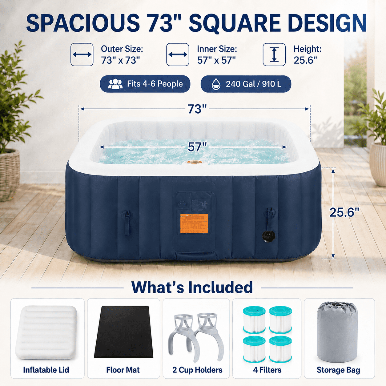 Seizeen Inflatable Hot Tub, 4-6 Person Hot Tub Set, 73'' Square Portable Home Spa w/130pcs Jet, Lockable Cover, Storage Bag, 2 Cup Holders, 4 Replacement Filter, 240gal