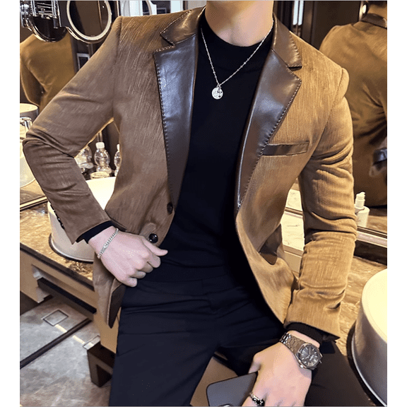 Men’s Brown Faux Suede Leather‑Trim Blazer, Casual Single‑Piece Suit Jacket for Autumn Fashion