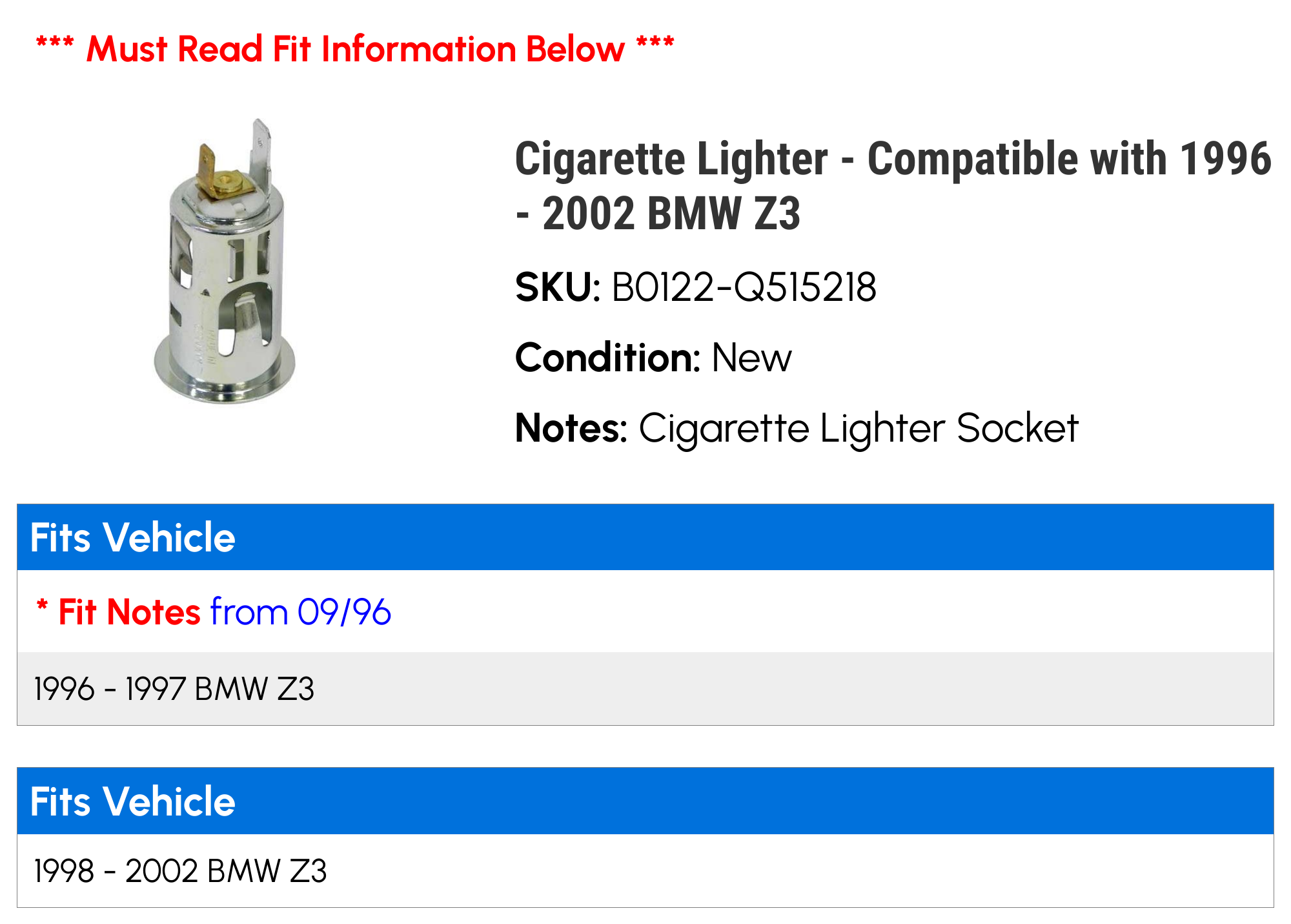Cigarette Lighter - Compatible with 1996 - 2002 BMW Z3 1997 1998 1999 2000  2001