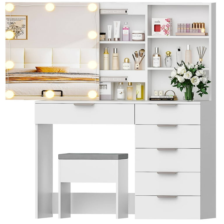 Ktaxon Vanity Set with Lighted Mirror, 6 Drawers, Stool, White