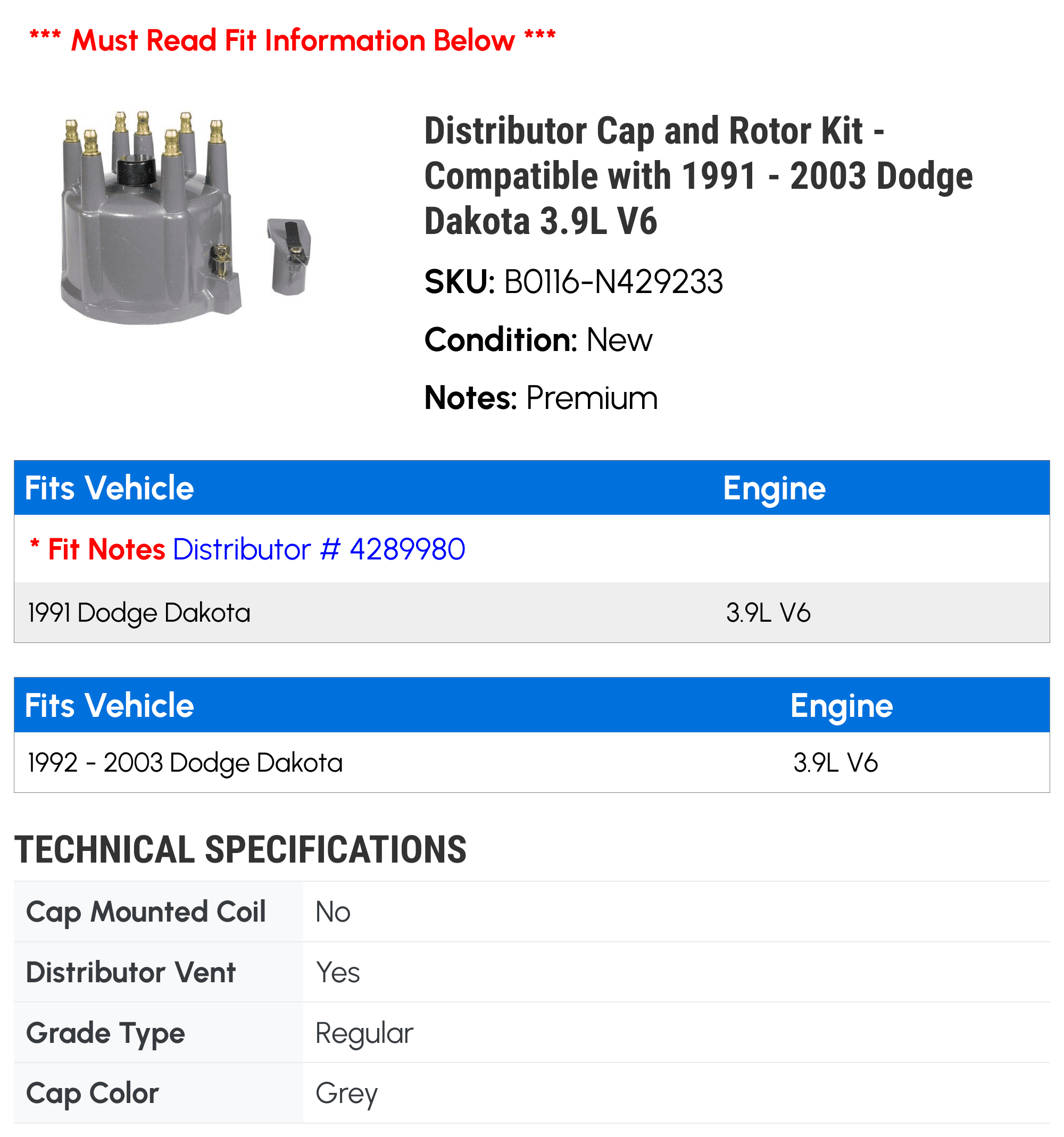 Distributor Cap and Rotor Kit - Compatible with 1991 - 2003 Dodge Dakota 3.9L V6 1992 1993 1994 1995 1996 1997 1998 1999 2000 2001 2002