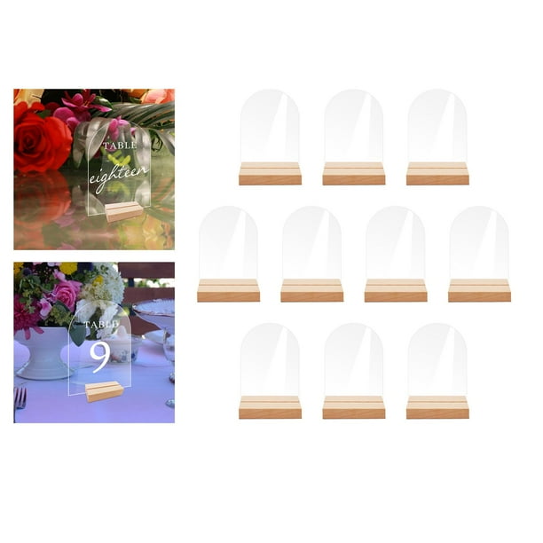 10x Clear Acrylic Place Cards with Wooden Stand Holder Guest Names