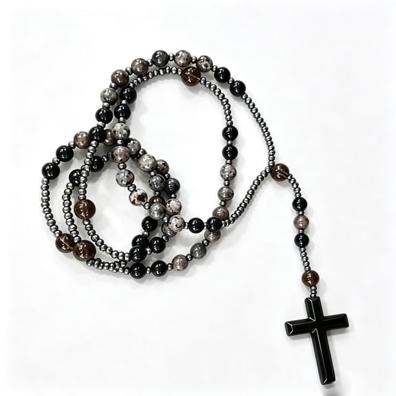 Rosary Necklace for Men, Tiger Eye Cross Necklace, Beaded Hematite Necklace, Christian Style Long Necklace Jewelry for Men