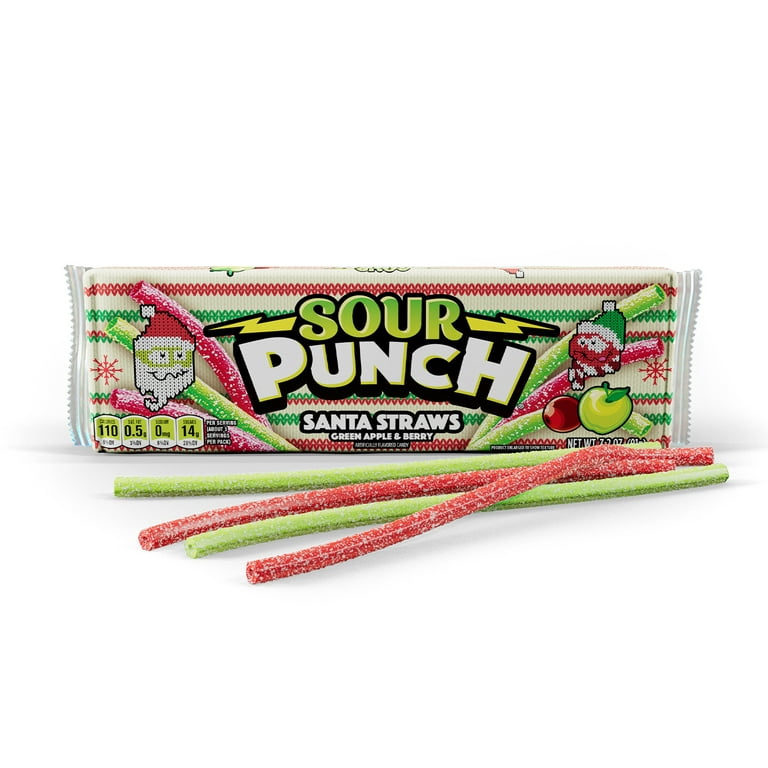 Needzo Santa Straws Sour Candy, Assorted Flavored Red and Green Winter Themed Candies for Christmas Candy Dish, Pack of 3 (Santa Straws)