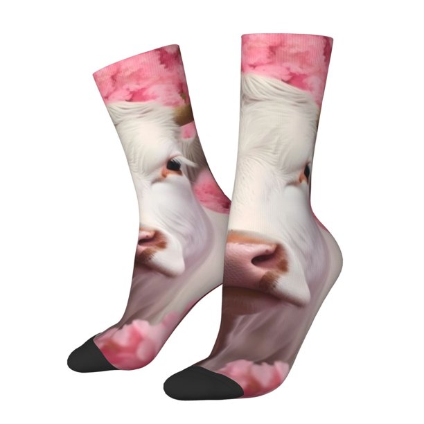 Balery Flower White Cow Calcetas Largas con Estampado para Hombre y Mujer – Suaves y Transpirables, Talla Única (US 5-11)