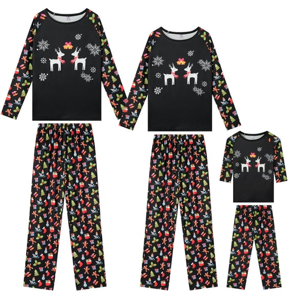 INSPIRE CHIC Christmas Deer Print Long Sleeve Tee with Pants Family Matching Pajama Set ["Women"] S Black
