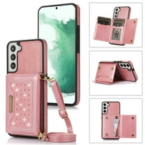 Dteck Case for Samsung Galaxy S22,Shockproof Leather Bling Gliiter Card Pocket Case Hybrid Rubber Kickstand Cover with Shoulder Strap,Pink