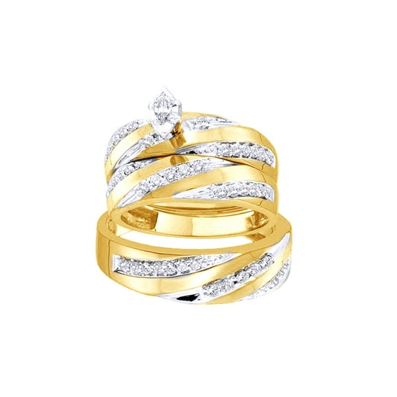 AFFY White Natural Diamond Engagement & Wedding Trio Band Ring Set In 10k Yellow Gold (0.75 Cttw)