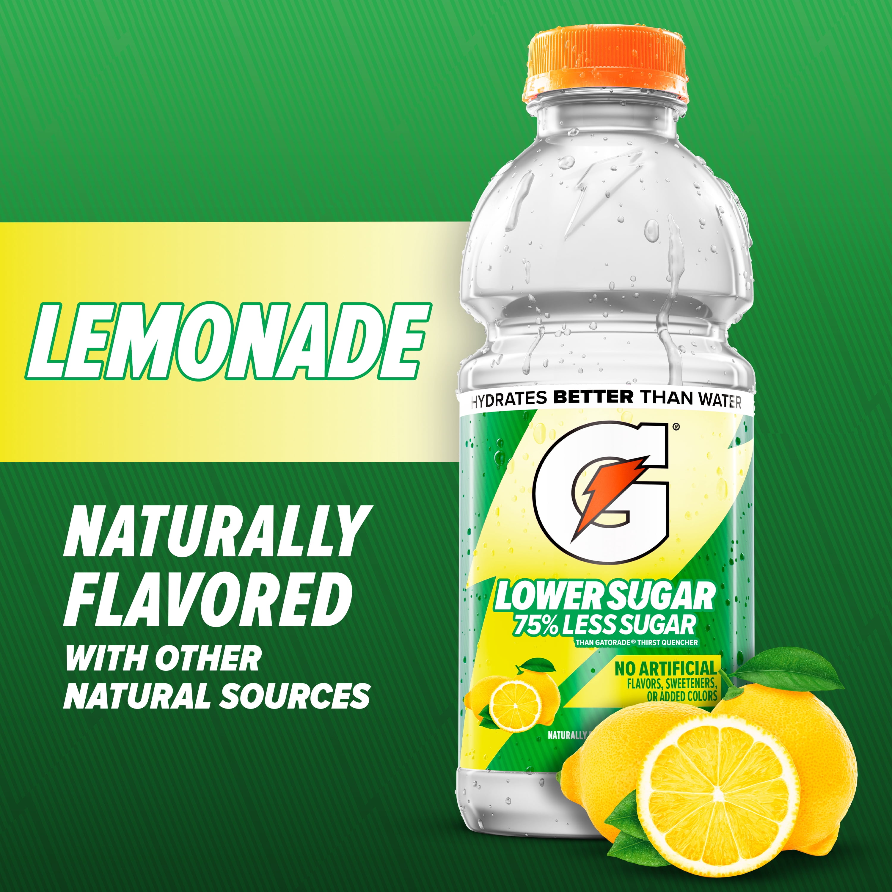 Gatorade Lower Sugar, No Artificials Lemonade Flavored Electrolyte Sports Drink, 20 fl oz 6 Pack, 75% Less Sugar, Hydration