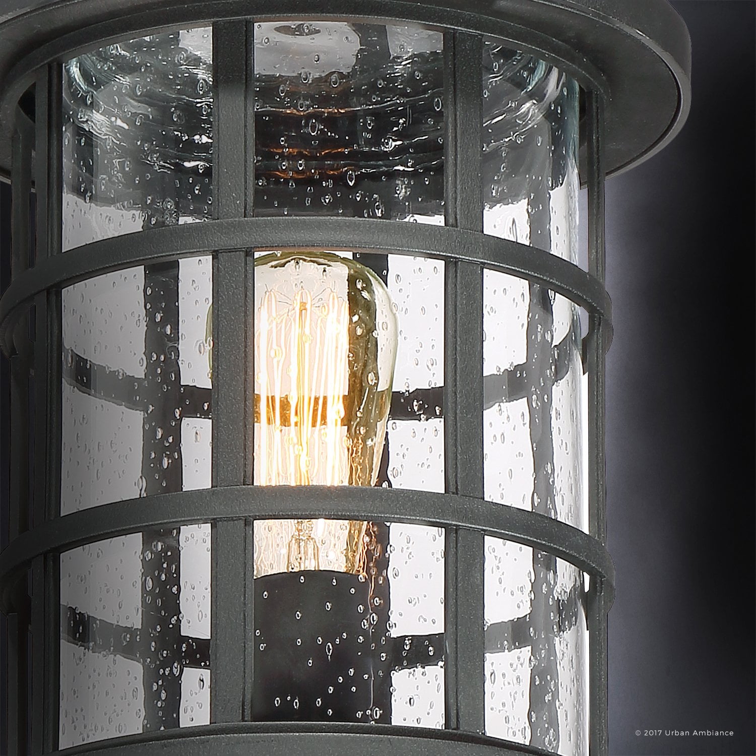 Urban Ambiance Luxury Craftsman Outdoor Post Light, Medium Size: 17.25"H x 10"W, with Tudor Style Elements, Wrought Iron Design, Natural Black Finish and Seeded Glass, UQL1046