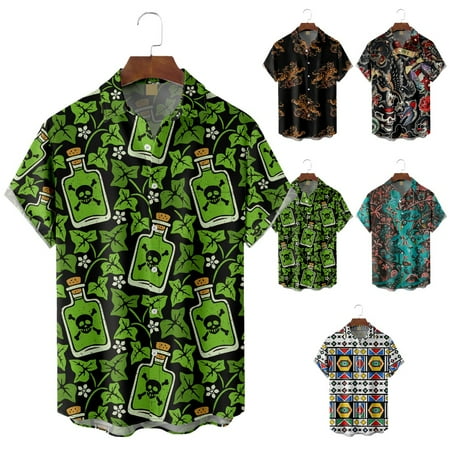 

Boys Casual Button Down Short Sleeve Tees Lapel Print Party Tops for Men Women