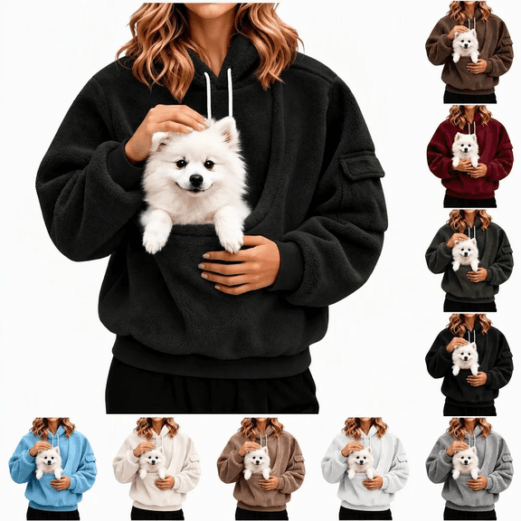 AGWOLF Womens Pet Carrier Hoodies with Dog Pouch Winter Warm Fuzzy Fleece Sweatshirts Oversized Long Sleeve Pullover Tops Outside Kitten Puppy Carrier Black XXL