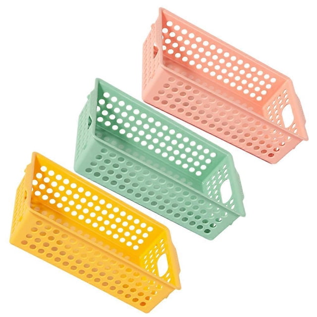 Here's a polished and engaging product description based on your input:\n\n \n\n**3 Pack Plastic Storage Baskets with Handles – Hollow Out Design for