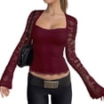 thumbnail image 2 of ClodeEU Women's Square Neck Long Sleeve Top with Lace Cutout Patchwork ,Casual Blouse for Summer Wine,Womens Plus M, 2 of 8
