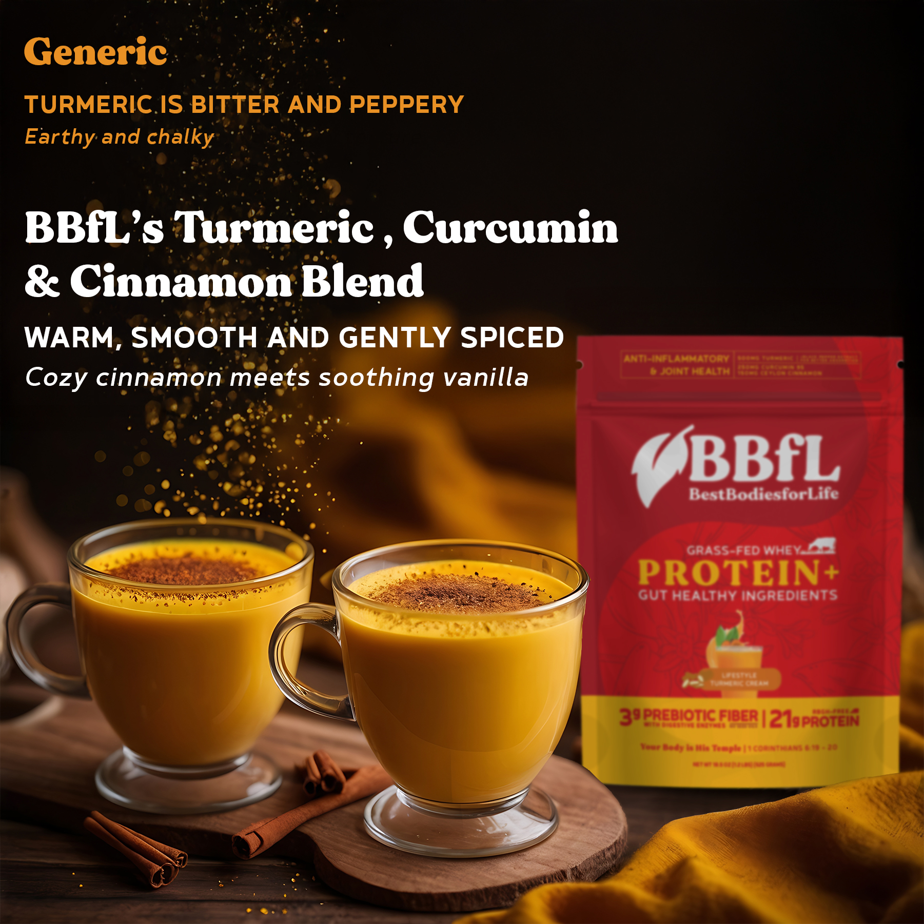 BBfL Protein Functional Powder, 21g Protein, Grass-fed Whey Protein, Apple Cider Vinegar, 50mg Digestive Enzymes, Prebiotics, 750mg of Turmeric/Curcumin 95% Extract (15 Servings, Turmeric)