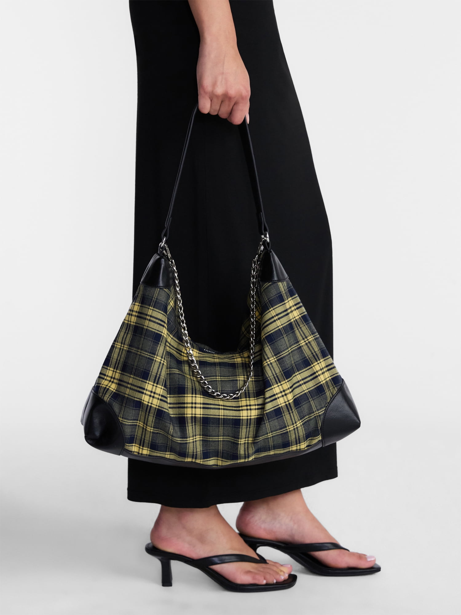 No Boundaries Women's Slouchy Hobo Bag, Yellow Plaid
