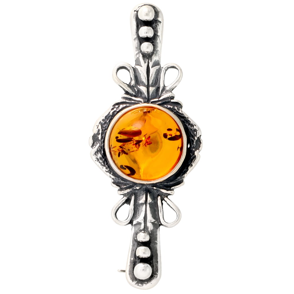 Sterling Silver Oval Russian Baltic Amber Brooch Pin, 1 1 2 inch wide by WorldJewels