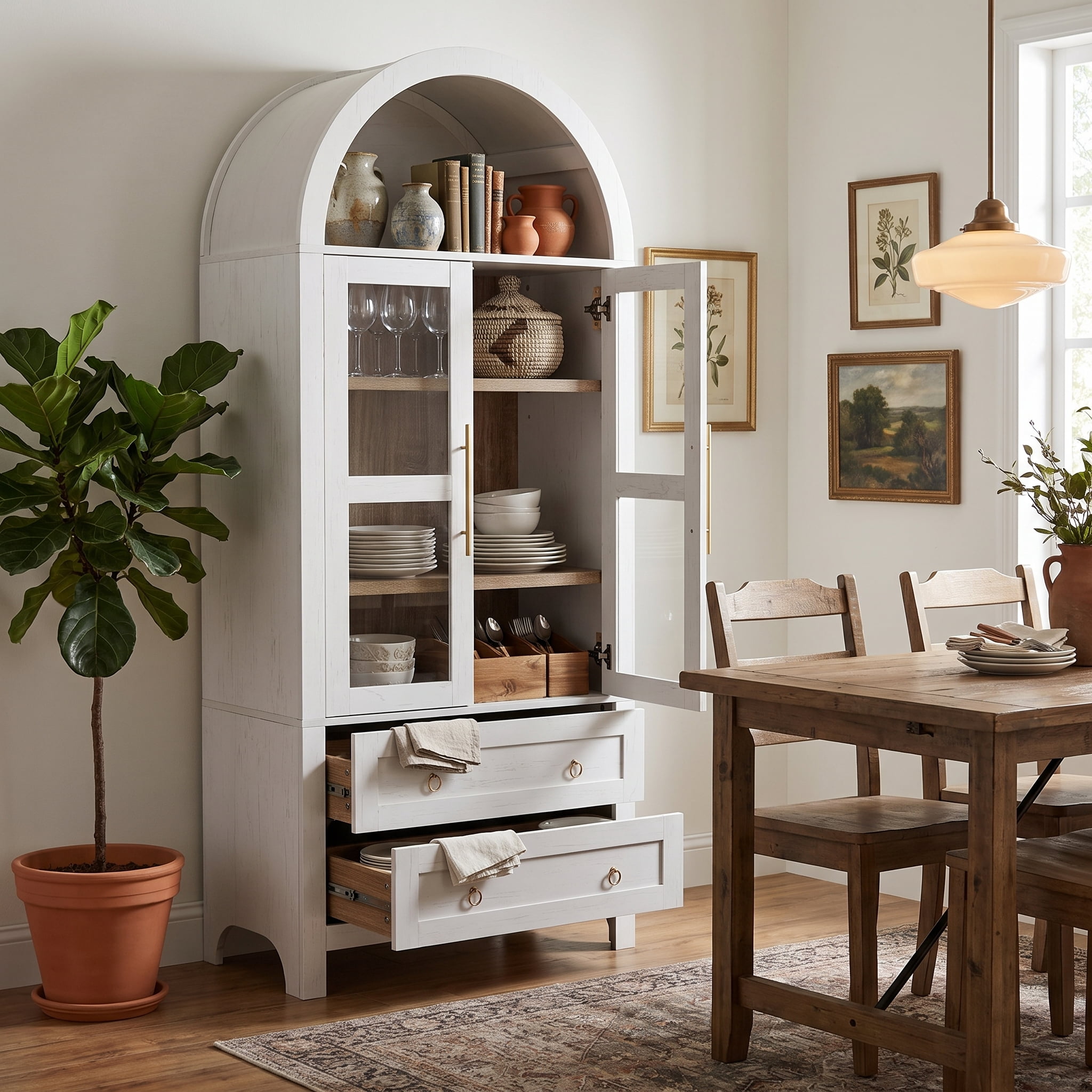 Homy Casa 71" Tall Arched Kitchen Pantry Storage Cabinet with Glass Doors 2 Drawers Adjustable Shelves White
