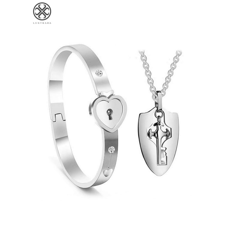 Luxtrada Heart Love Lock Bracelet with Lock Key Pendant Titanium Steel  Bangle Couple Sets (Silver) 