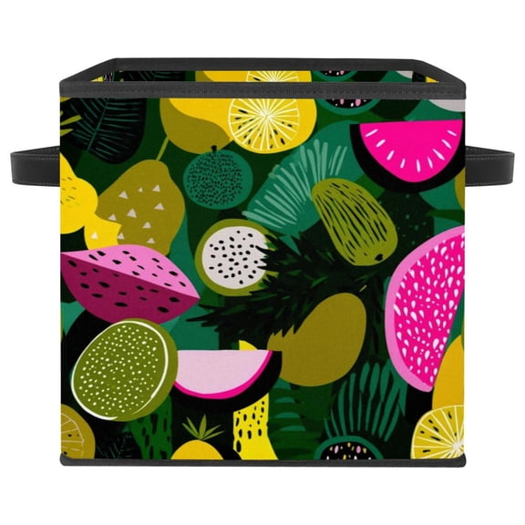RATGDN Collapsible Fabric Cube Storage Bin with Double Handles for Living Room Bedroom Office Black - Collection of Tropical Fruits