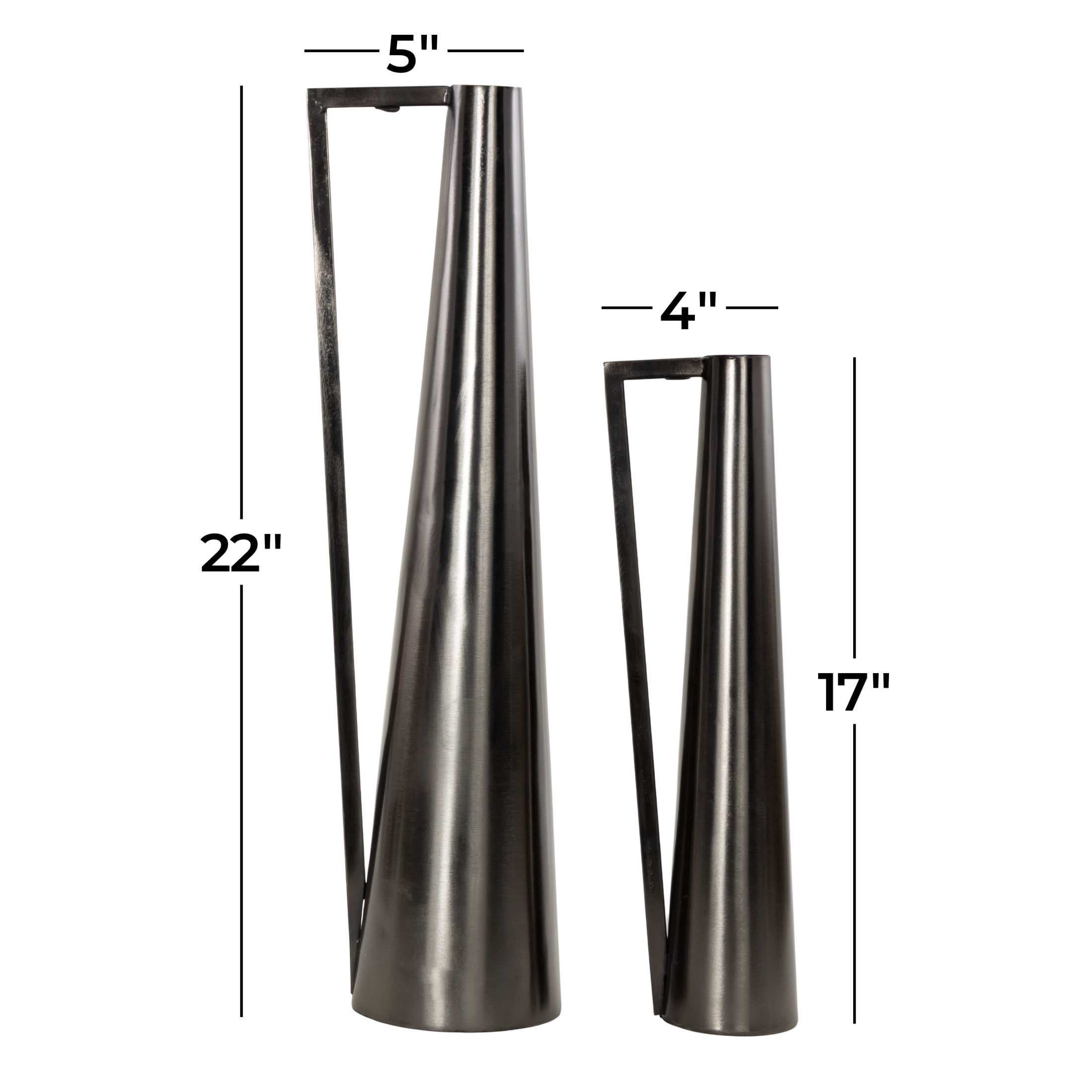DecMode 17", 22"H Slim Cone Dark Gray Metal Vase with Extended Handles, Set of 2