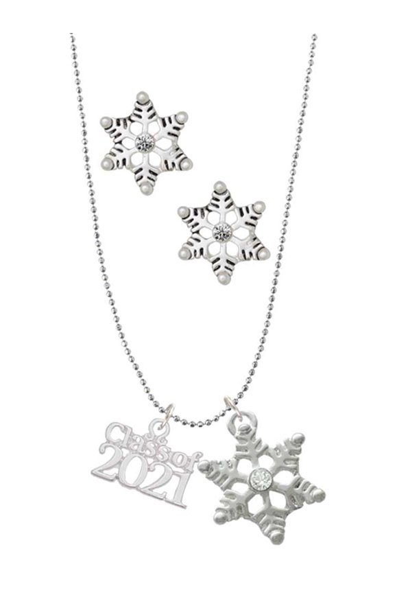 Silvertone Class of 2021 Silver tone Snowflake Charm Necklace and Stud Earrings