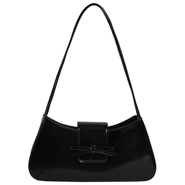 Bolso de hombro Amszke Y2K de cuero negro moderno con detalle de lazo