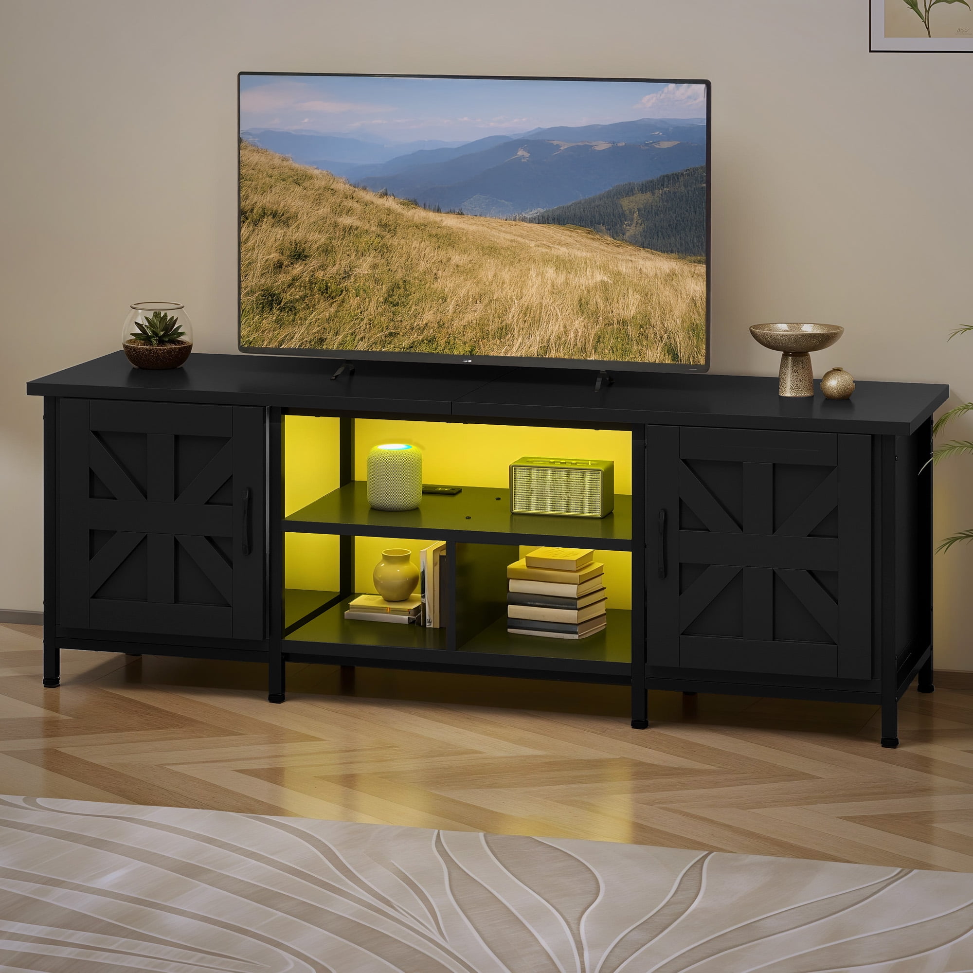 Uforic Farmhouse TV Stand with LED & Charging, Storage Cabinet and Shelves for TVs up to 70", Black