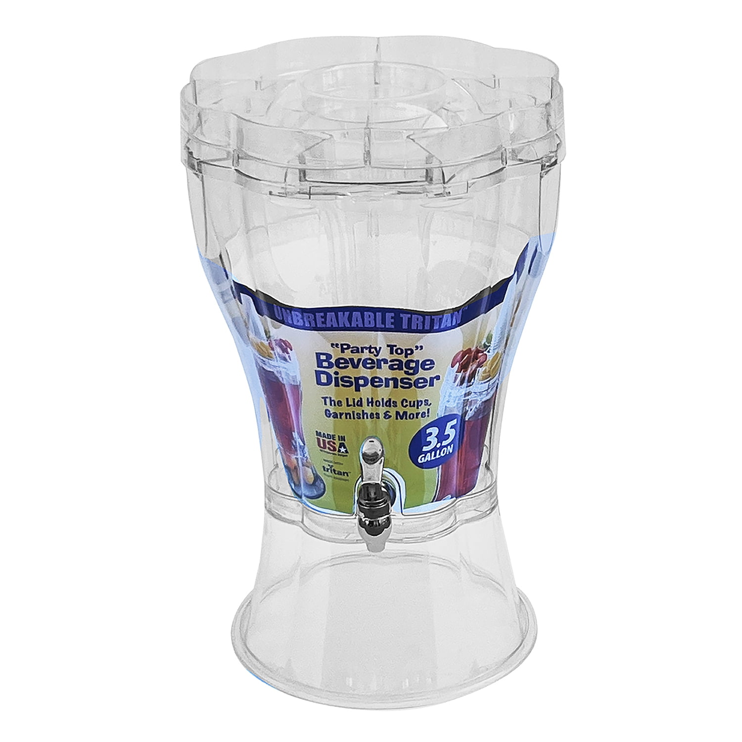 Buddeez 3.5 Gallon Break-Resistant Tritan Beverage Dispenser with Removable Ice-Cone and Party Top Lid that Holds Cups, Sweeteners, Garnishes and More