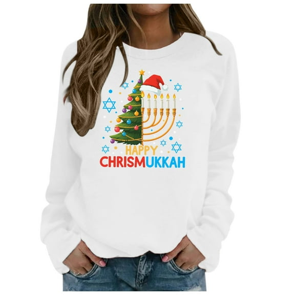 IWRICH Hanukkah Sweatshirt for Women Funny Chanukah Jewish Christmas Pullover Tops G-White XL
