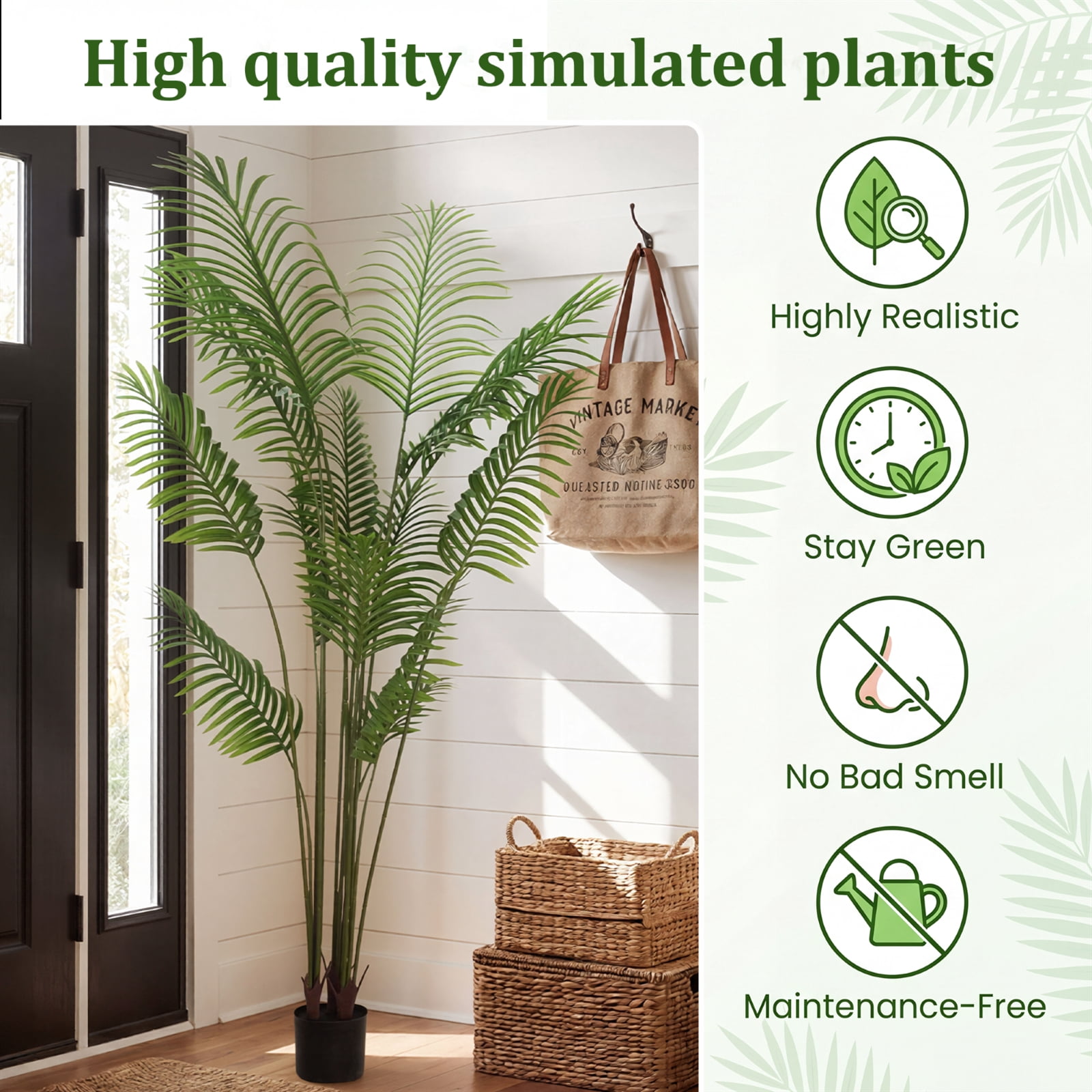 BEAUTYPEAK 6FT Artificial Palm Plants Fake Pre Potted Faux Green Tree Tall Fake House Plants Indoor Outdoor Floor Plant