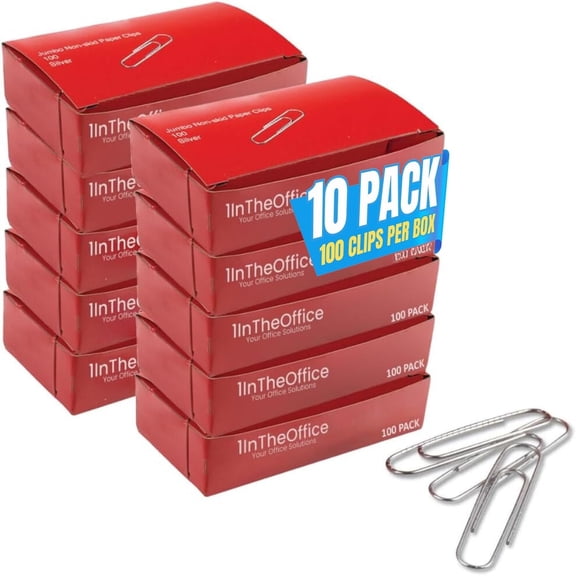 1InTheOffice Jumbo Paper Clips, Silver, Non-Skid, 1 3/4,1000/Pack