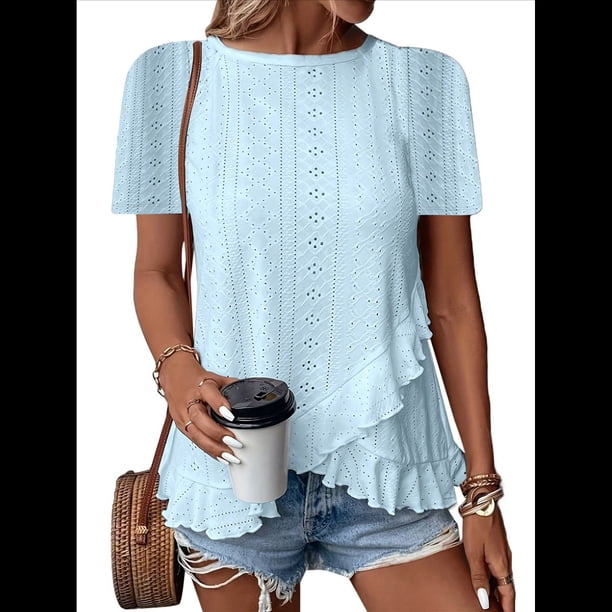 Blusas de Verano con Ojales para Mujer 2025, Blusas Asimétricas de Moda para Verano, Blusas de Color Liso para Salir, Azul XL