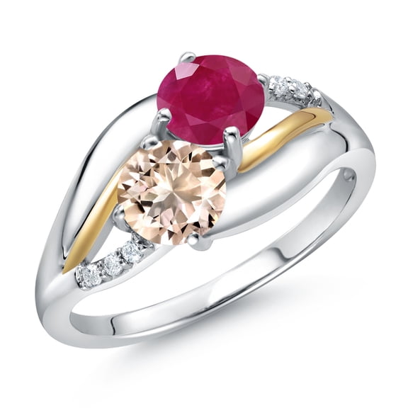 Gem Stone King 925 Sterling Silver and 10K Yellow Gold Peach Morganite Red Ruby and Lab Grown Diamond 2 Stone Engagement Ring for Women (0.99 Cttw, Round 5MM, October Birthstone, Size 6)