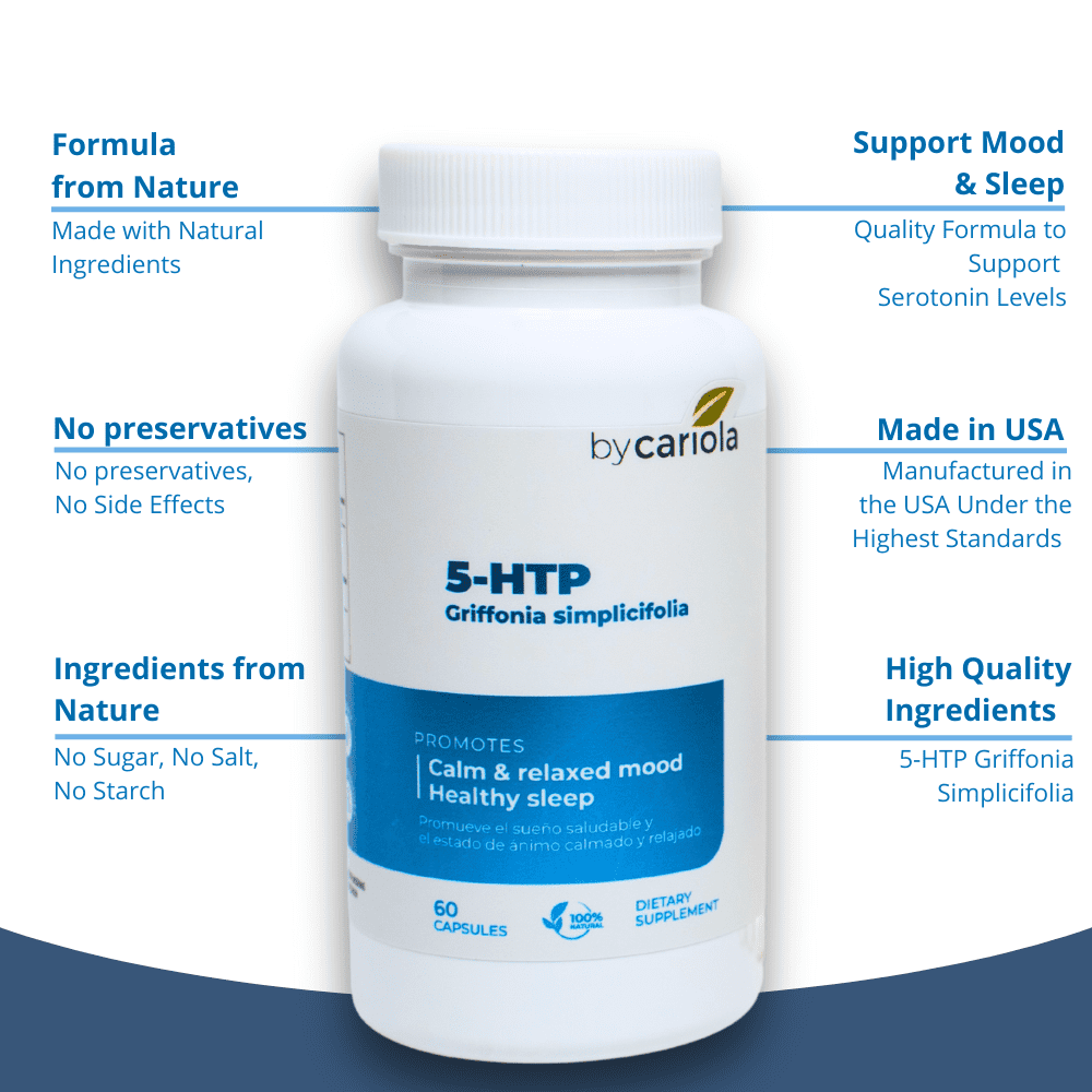 BY CARIOLA 5-HTP Natural Mood & Sleep Support Supplement Capsules - Mood Support - Sleep Support - Serotonin Booster - Calming Effect - Natural Formula Griffonia Simplicifolia - 60 Caps