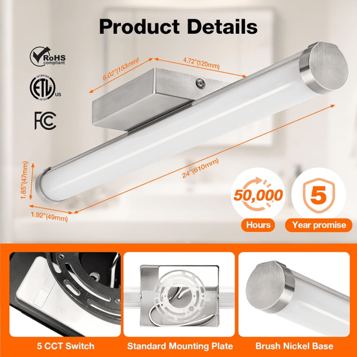 Sylvania 24" Modern Vanity Lights for Bathroom, 22W, 5 CCT Select, Dimmable, Round Shape, Brush Nickel