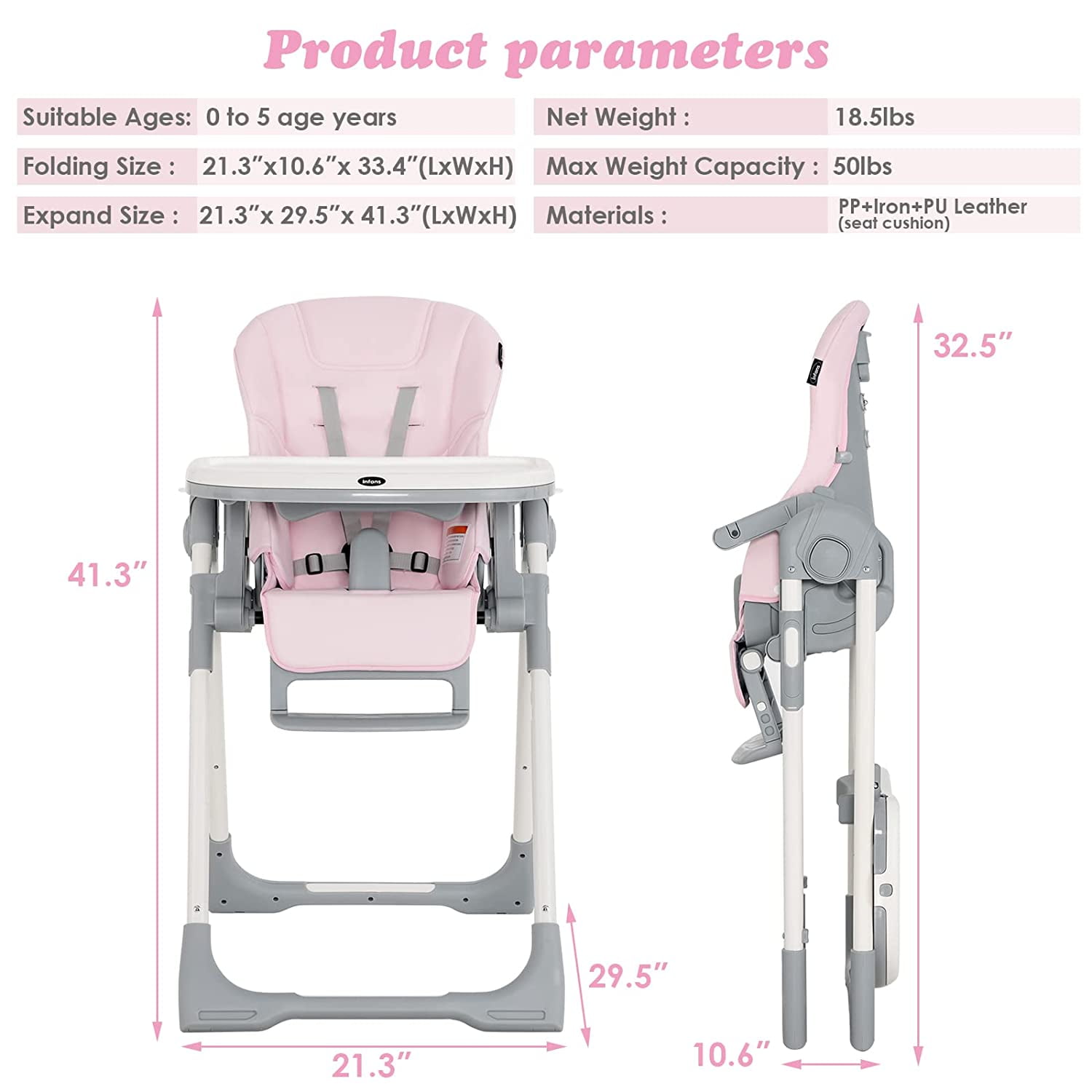INFANS High Chair for Babies & Toddlers, Foldable Highchair with Multiple Adjustable Backrest, Footrest and Seat Height, Removable Tray, Detachable PU Leather Cushion, Built-in Rear Wheels (Pink)