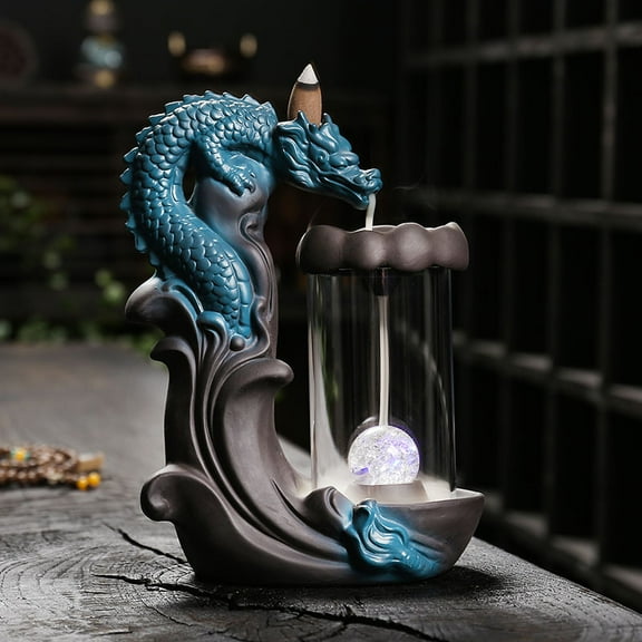 Dragon Backflow Incense Holder with LED Light, Ceramic Waterfall Incense Burner, Smoke Incense Holder for Home Aromatherapy Decoration
