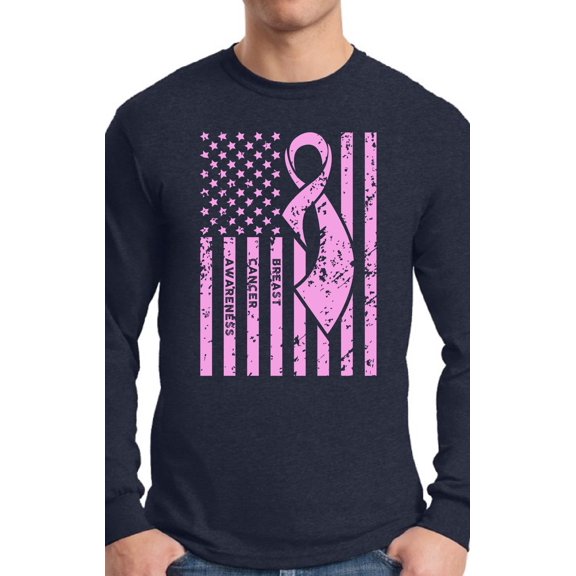 Awkward Styles Men's Breast Cancer Awareness Graphic Long Sleeve T-shirt Tops Pink Ribbon