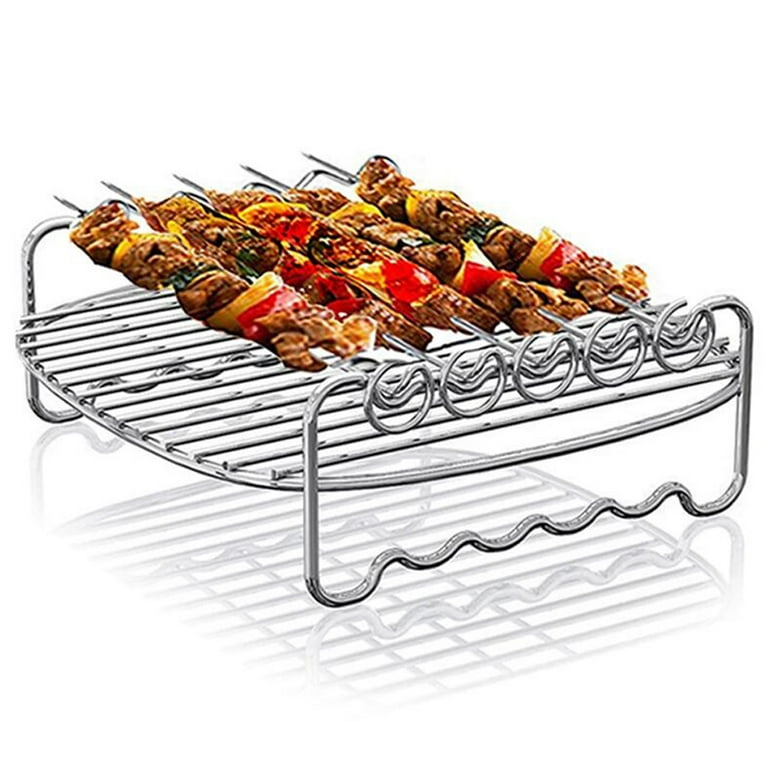Portable BBQ Rack with Skewer, Stainless Steel Barbecue Grill Baking Tray Rack, for Air Fryer Double-Deck Home Replacement (7Inch,4Pins), Silver