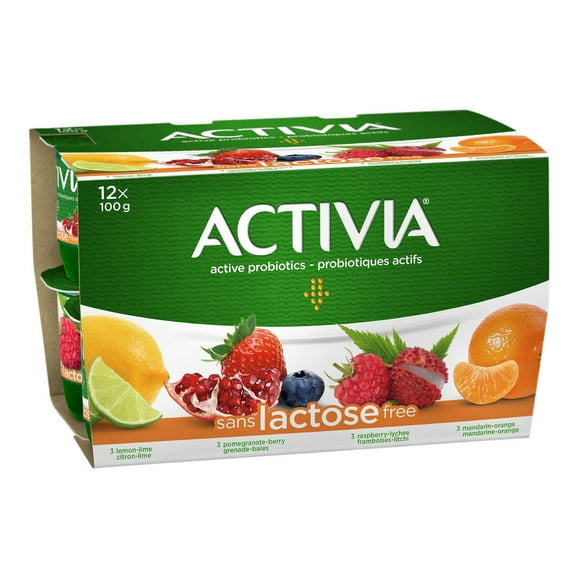 Yogourt Activia probiotique, sans lactose, saveur citron-citron vert, grenade, framboise, litchi, mandarine et orange 12 x 100g