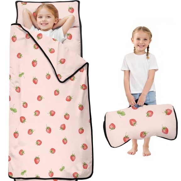 Strawberry and Dot Pink Pattern Teens Toddler Nap Mat with Pillow, Sleeping Mat Bag for Preschool Daycare 59"x22"