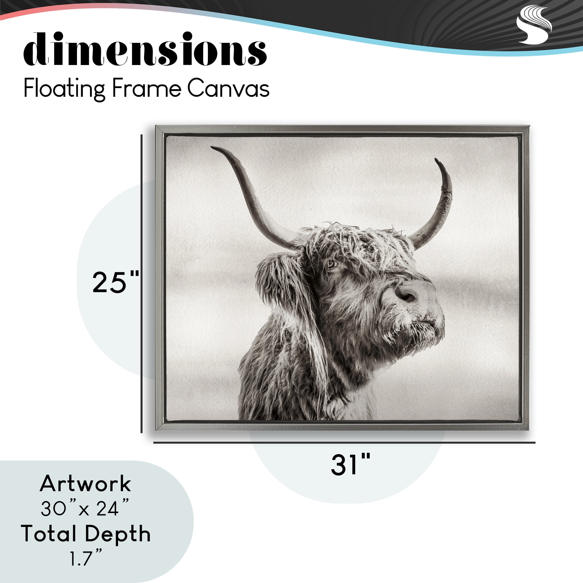 Stupell Industries Horned Highland Cow Gazing Gray Framed Floater Canvas Wall Art, design by Julia Frost