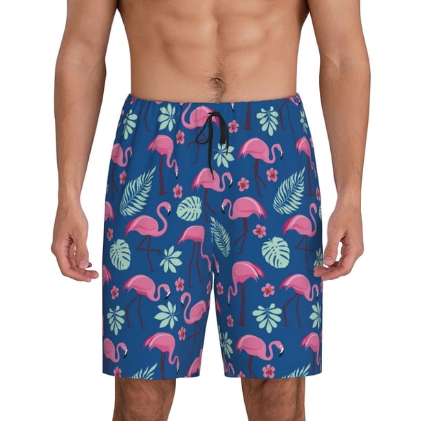 Balery Plants And Flamingos Pantalones cortos de pijama de punto de algodón para hombre con cinturilla y bolsillos-X-Large