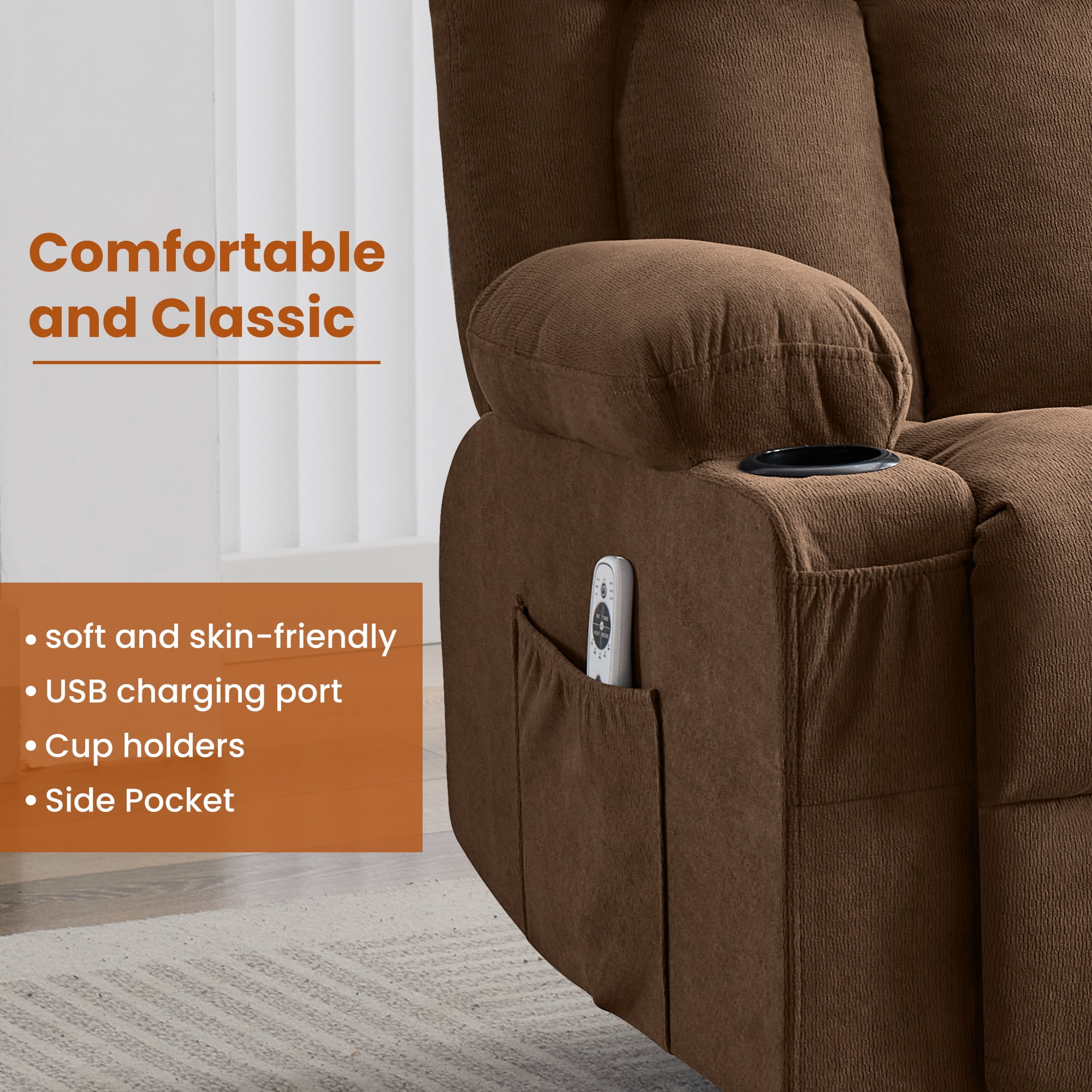 Alvantor Swivel Recliner Chair with Massage & Heat for Adults, Single Rocker Sofa with Cup Holders for Bedroom Home Theater Brown