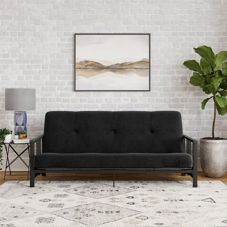 DHP Harlow Full (2Boxes) Metal Arm Futon with 6” Thermobonded High Density Polyester Fill Black Microfiber Mattress