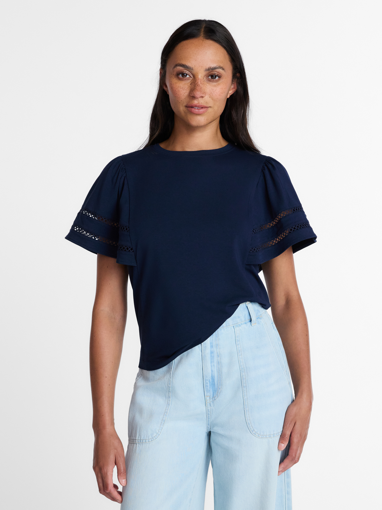 Time and Tru Women’s Crewneck Top with Lace Inset Flounce Sleeves, Sizes XS-XXXL