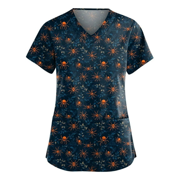 Halloween Print Women's Medical Scrub Tops Workwear Short Sleeve V Neck Pockets Medical Shirts Cute Loose Fit Stretchy T-Shirts