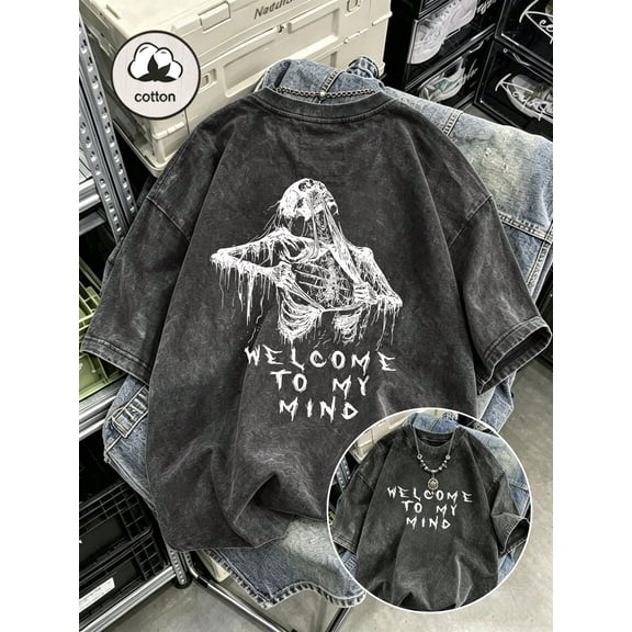 Skeleton Figure Welcome To My Mind Vintage Oversized Washed High Street Grunge Y2K Short Sleeve Crewneck Cotton Unisex Men's Women's Tee Shirt